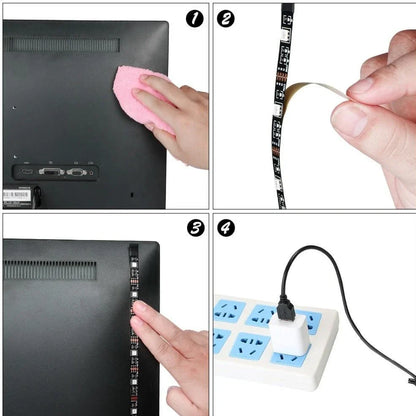 5 metre colour changing LED strip with remote control showing multiple colour options