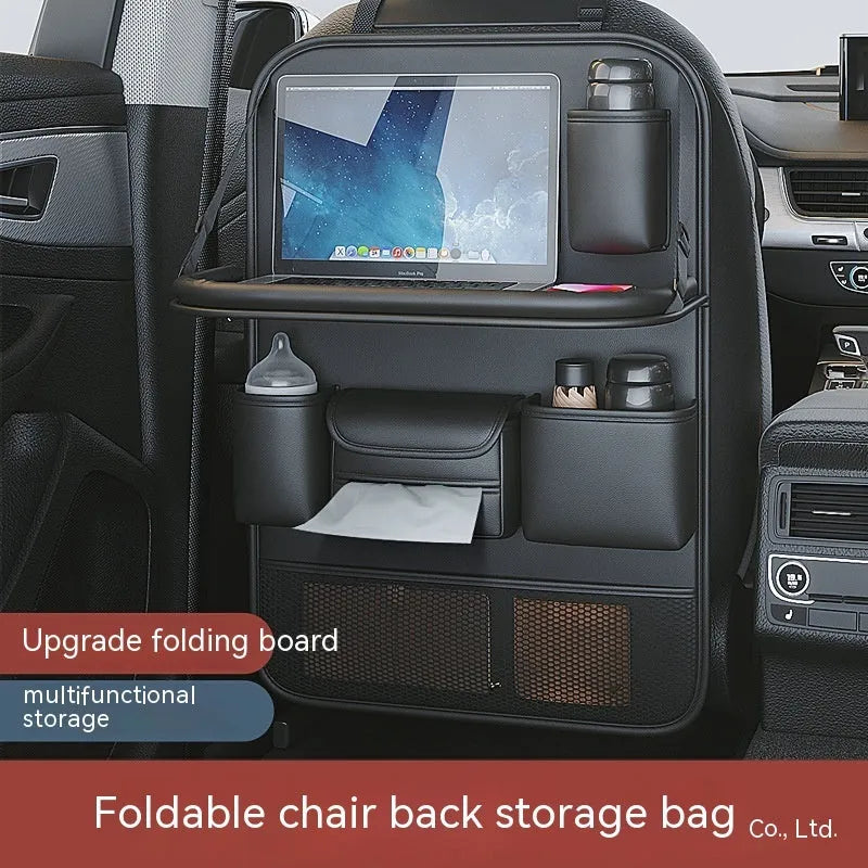 Leather car seat lazyback storage bag with foldable dining table, waterproof, 1.2kg, 48 x 25 x 6cm, in four colours.