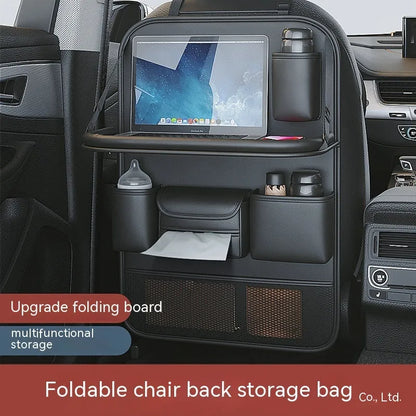 Leather car seat lazyback storage bag with foldable dining table, waterproof, 1.2kg, 48 x 25 x 6cm, in four colours.