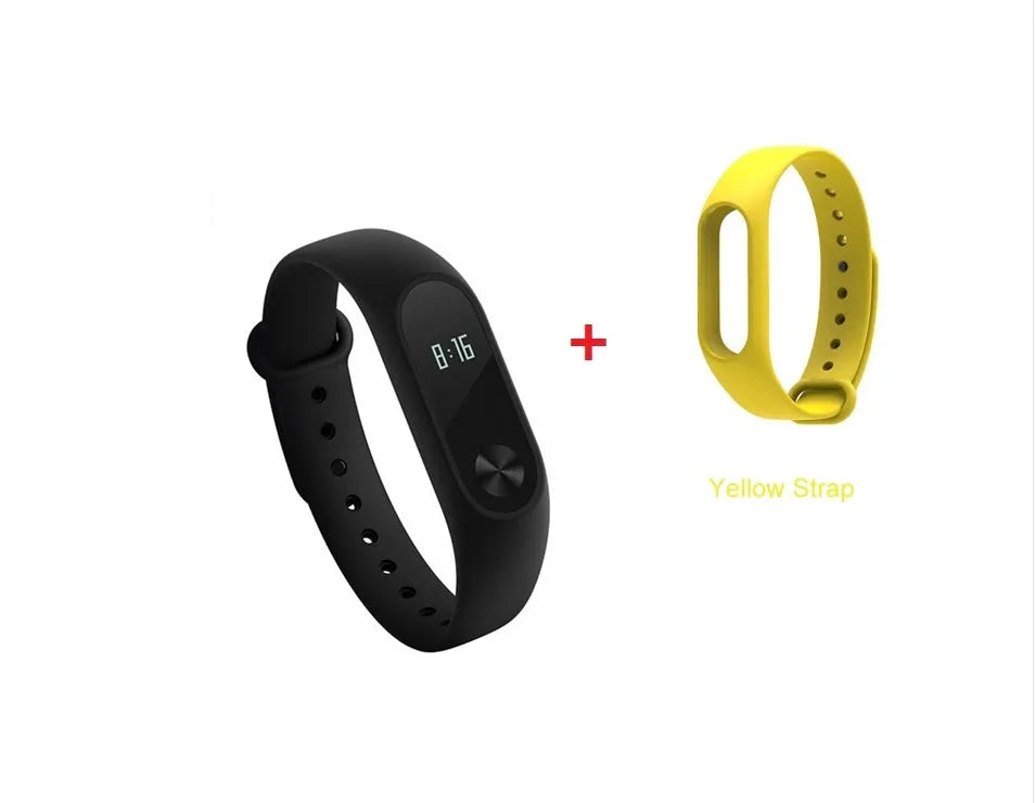 Xiaomi Mi Band 2 black fitness tracker with OLED display showing heart rate and time on adjustable wrist strap