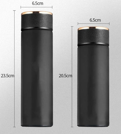 Ergonomic business travel mug with temperature display, made of durable stainless steel in black, red, and blue colors