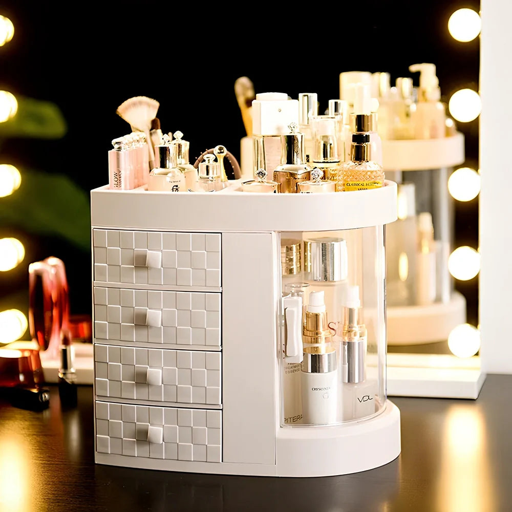 White plastic skincare storage rack with multiple compartments measuring 29.5cm wide