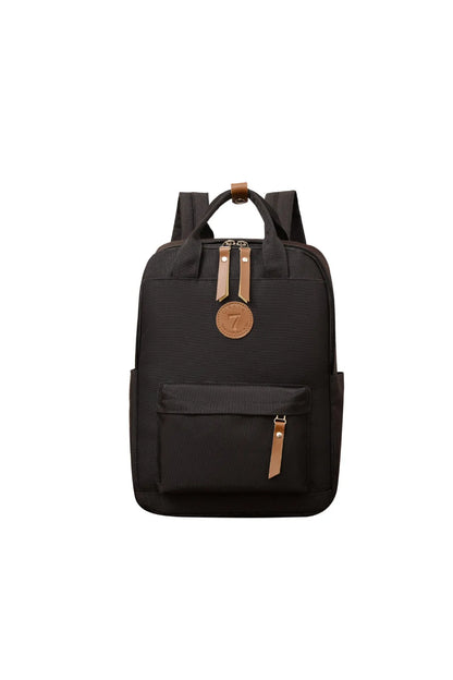 Black Oxford cloth fashion backpack with curved shoulder straps and retro sewing details