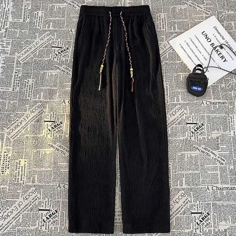 Men's thin loose straight-leg summer trousers with drooping texture in black or white colours