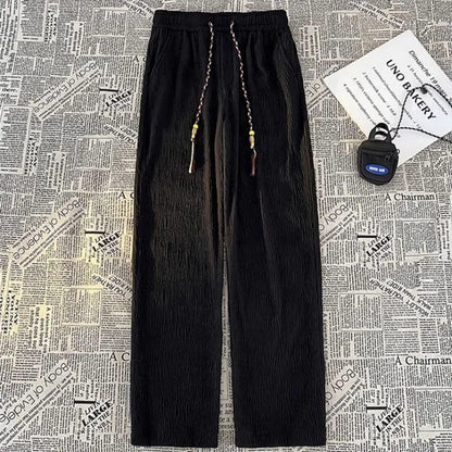 Men's thin loose straight-leg summer trousers with drooping texture in black or white colours