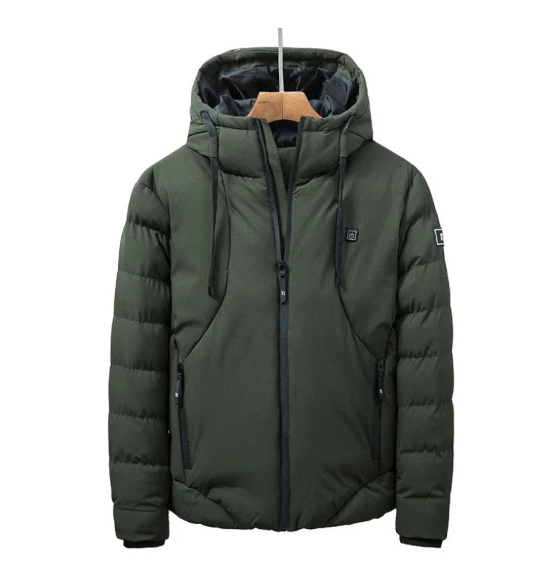 Electric heated down jacket with USB-powered heating system, available in grey, black, and army green colors, sizes M to 7XL