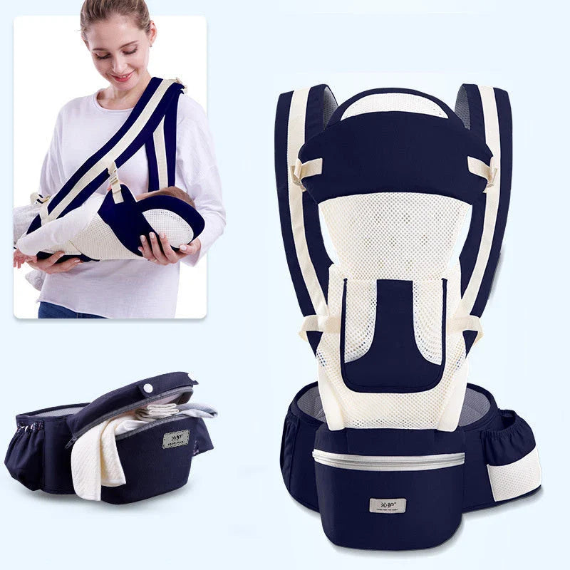 3-in-1 ergonomic baby carrier with multiple carry options, including front-facing and hip-hugging, designed for newborns to toddlers