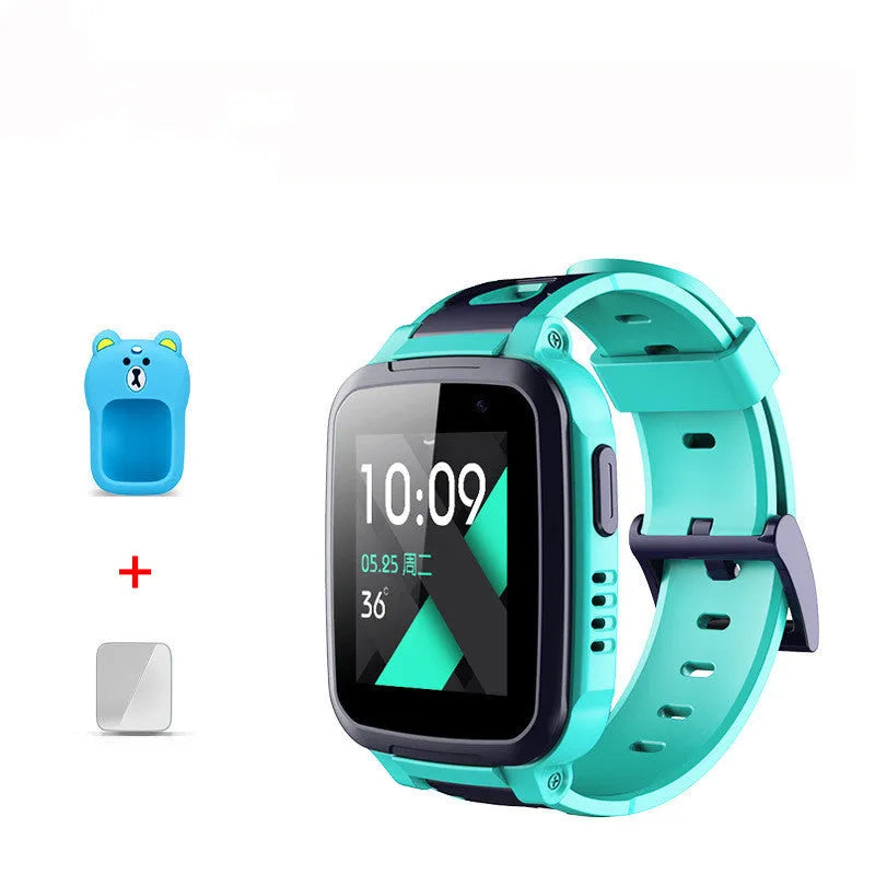 SE5 Plus blue children phone watch with stainless steel wristband on child's wrist