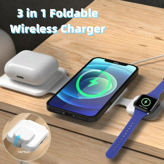 A foldable 3-in-1 wireless charging station with magnetic alignment that can simultaneously charge a phone, smartwatch, and wireless headphones
