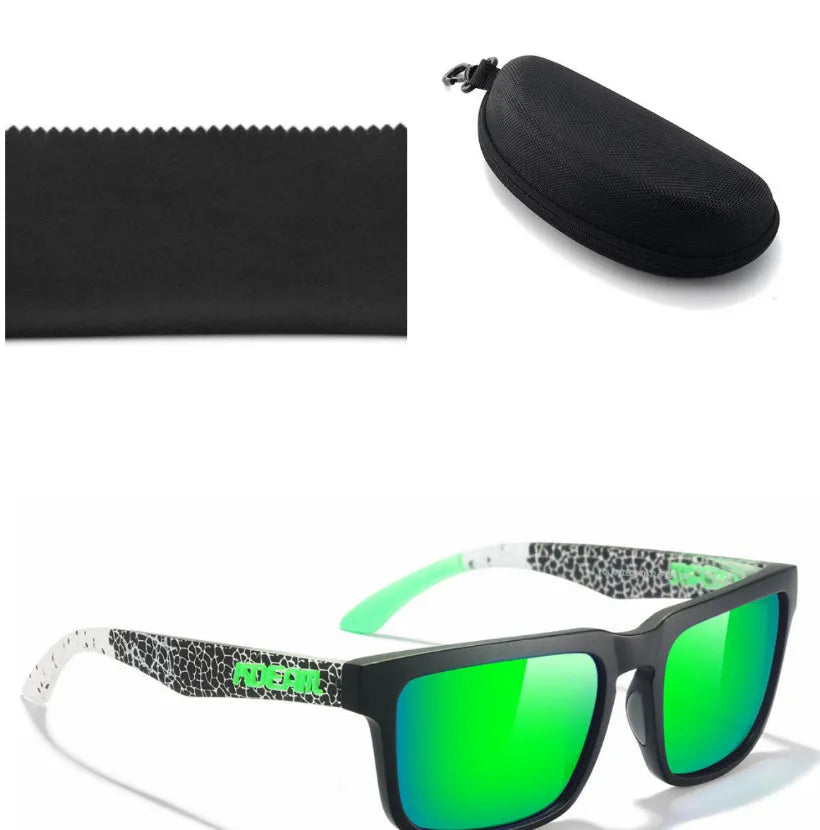 Square polarised sunglasses with TAC lenses and a PC frame, shown in one of 12 available colour options.