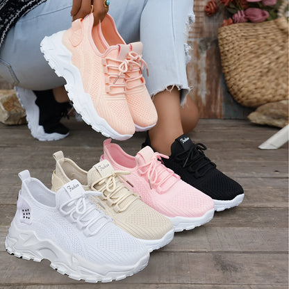 Women's Flyknit mesh casual sports shoes in multiple colours showing flat heel and lace-up design