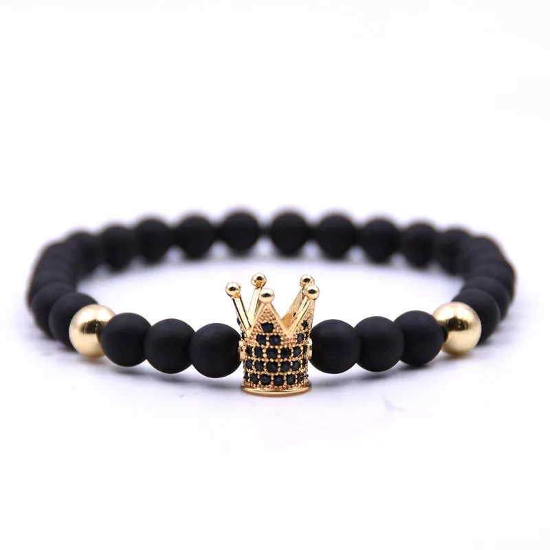 Micro-inlaid crown 6mm matte black and copper bead bracelet with zircon inlays