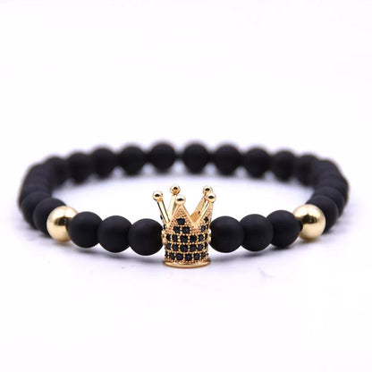 Micro-inlaid crown 6mm matte black and copper bead bracelet with zircon inlays