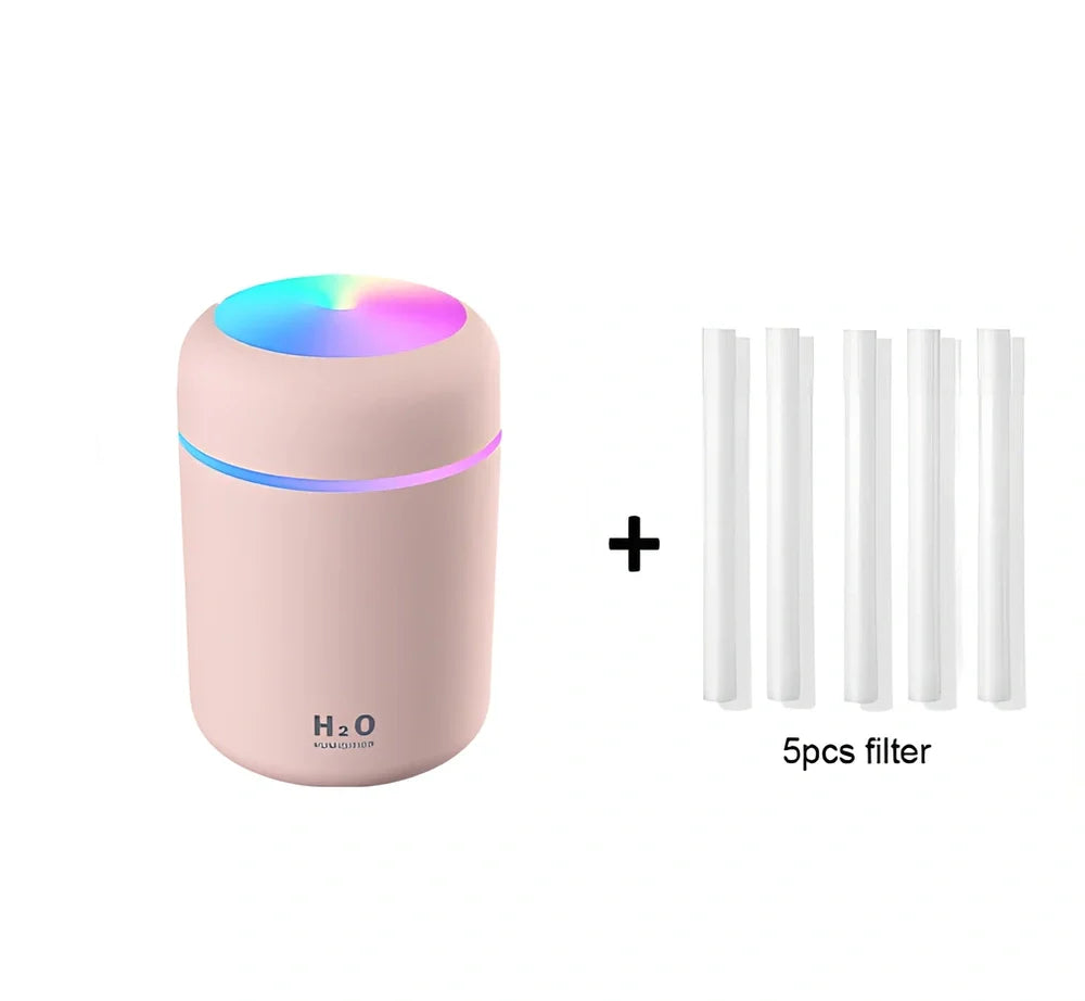USB colourful air humidifier in white with 300ml tank and mist output for home car use