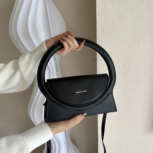 Simple square messenger bag in PU leather with a shoulder strap, shown in various colours.