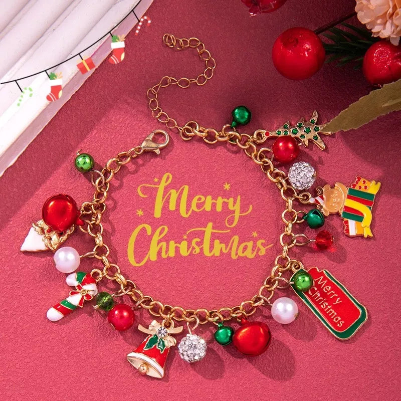 Festive Christmas Metal Chain Bracelet with Santa Claus and snowflake designs