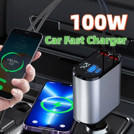 A sleek, metal 100W car charger with USB and Type-C ports for fast charging on the go