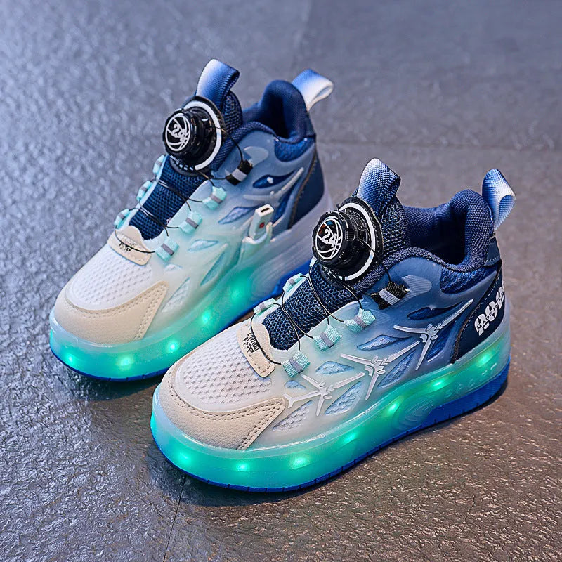 Children's flash knob roller skating shoes in blue, showing the rotating button fastening and knob roller mechanism.