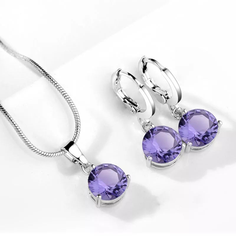 Water Drop Necklace and Earring Set with zircon gemstones in various colors