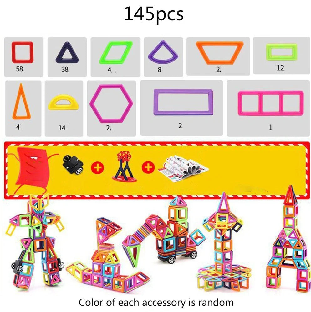 Magnetic building blocks in multiple colours arranged in geometric construction