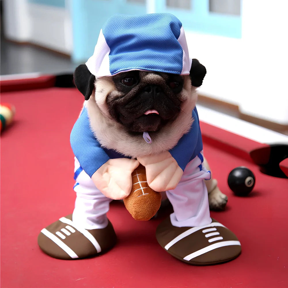 Polyester cat costume in character design with size label showing bust and neck measurements