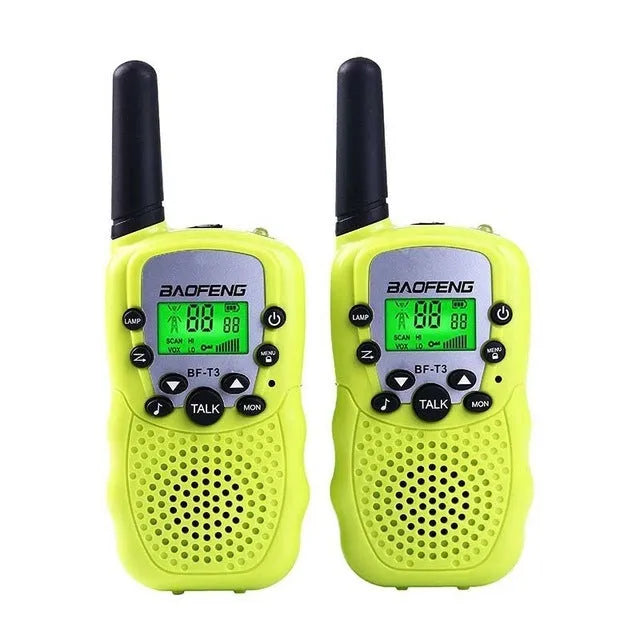 Two children's handheld walkie talkies in bright colours showing channel selector and antenna.