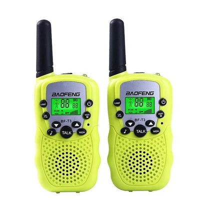 Two children's handheld walkie talkies in bright colours showing channel selector and antenna.