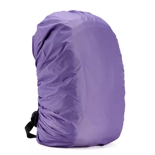 Waterproof backpack cover in various colors, showing elastic edge and compact fold