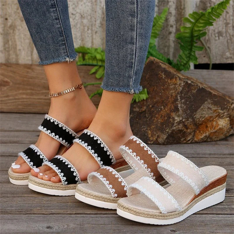 Women's hemp rope woven wedge slippers in black, beige, and brown with double wide straps