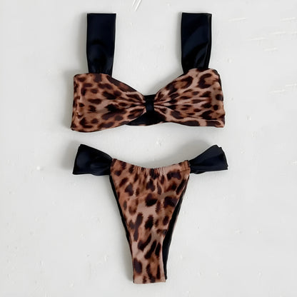 Women's leopard print bikini set with tube top design and matching T-pants