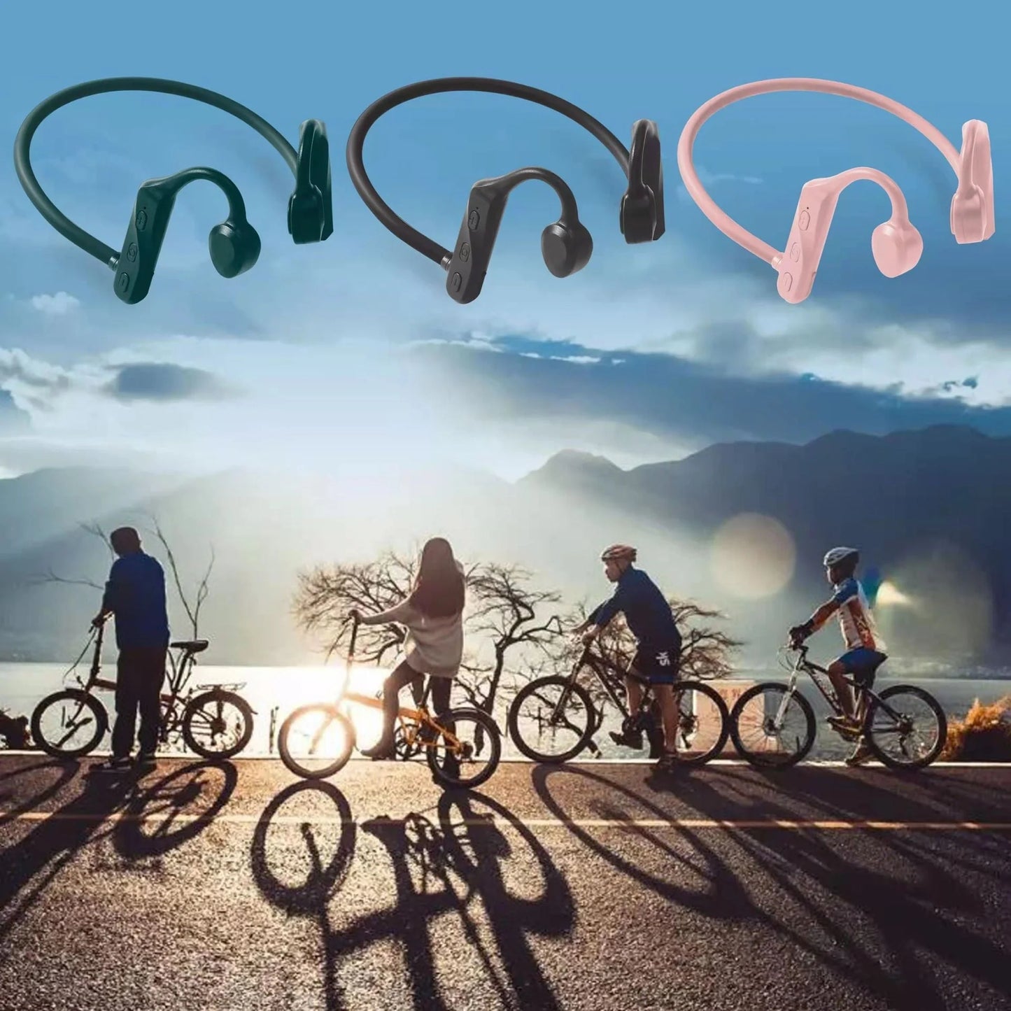 Wireless sports headphones in pink, black, and green with neck-hanging design