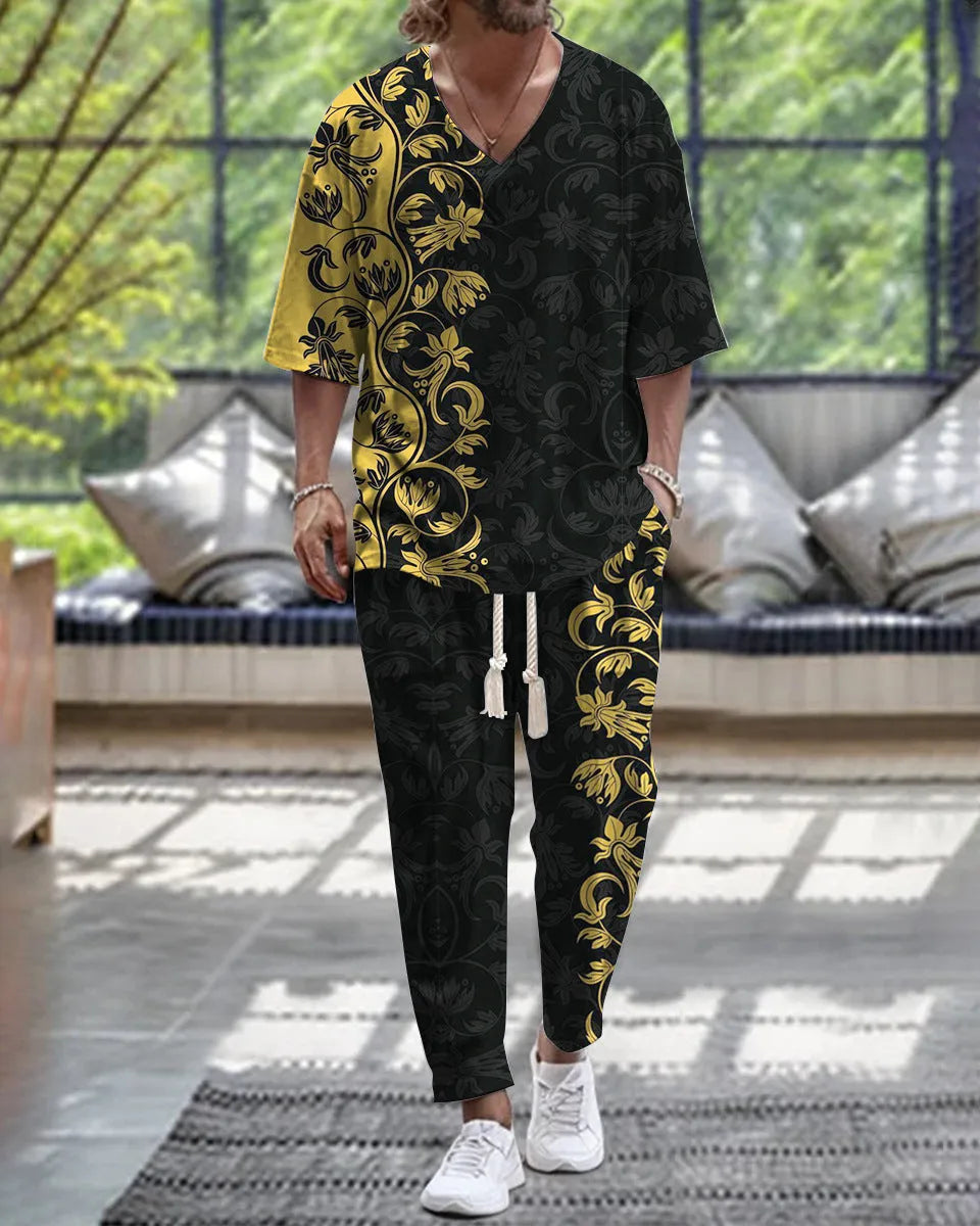 Cropped sleeves V-neck trousers suit in thin polyester fabric, available in multiple colours and sizes from S to 6XL