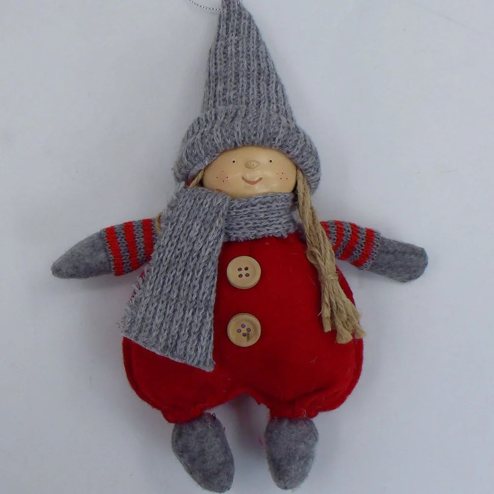 Christmas Easter fabric plush doll in dark brown with green clothing and red hat showing two size options