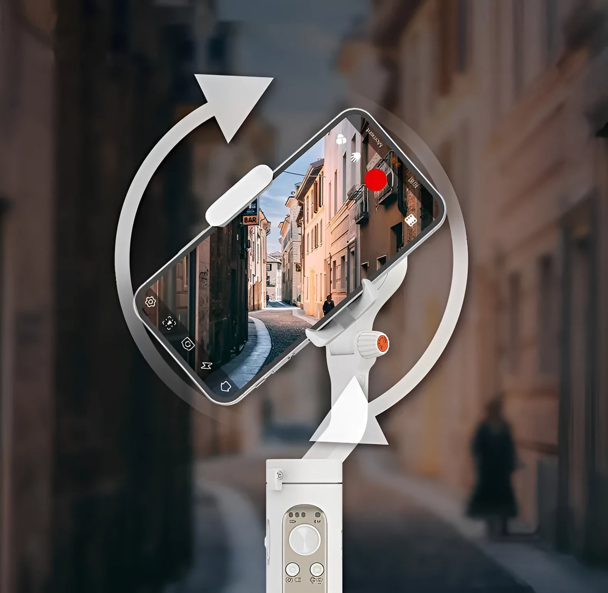 Black or white three-axis mobile phone gimbal stabiliser showing compact folded size.
