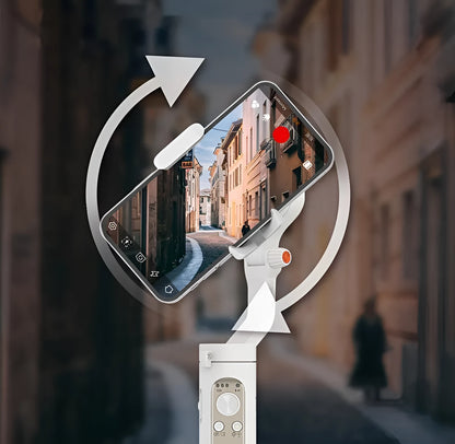 Black or white three-axis mobile phone gimbal stabiliser showing compact folded size.