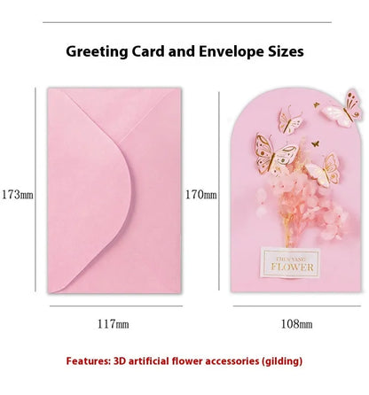 Handmade 3D pop-up greeting card with butterfly shape showing artificial flowers and hot stamping details