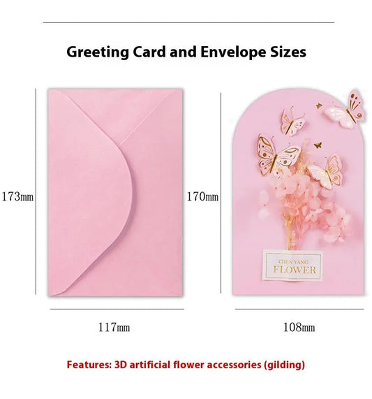 Handmade 3D pop-up greeting card with butterfly shape showing artificial flowers and hot stamping details