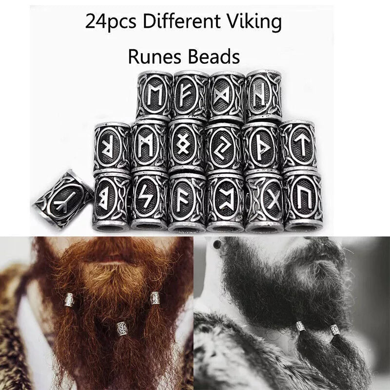 Set of 24 Viking Rune Beard Beads in antique silver, bronze, and red brass