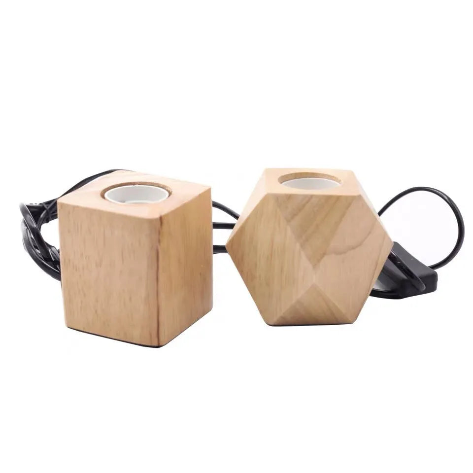 Wooden retro lamp holder with hanging wire showing square and diamond shape options