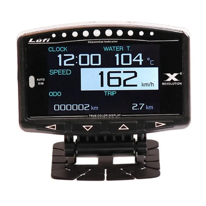 X1 Automotive OBD diagnostic instrument with metal housing and LED display, shown with power cord.