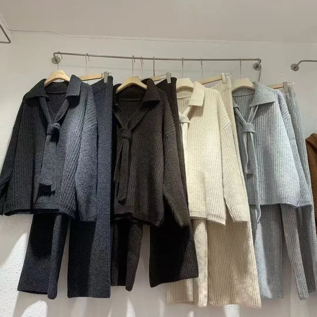 Sweater suit set with top and trousers in acrylic fibre imitation cashmere fabric, available in dark grey, grey, beige, or dark coffee
