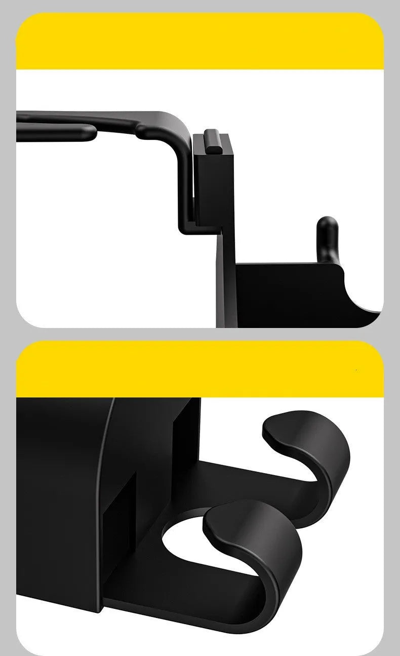 Black plastic car seat back hook organiser with cup holder compartment