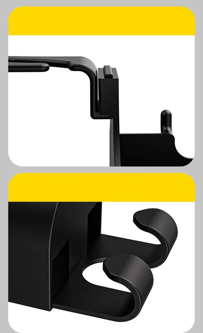 Black plastic car seat back hook organiser with cup holder compartment