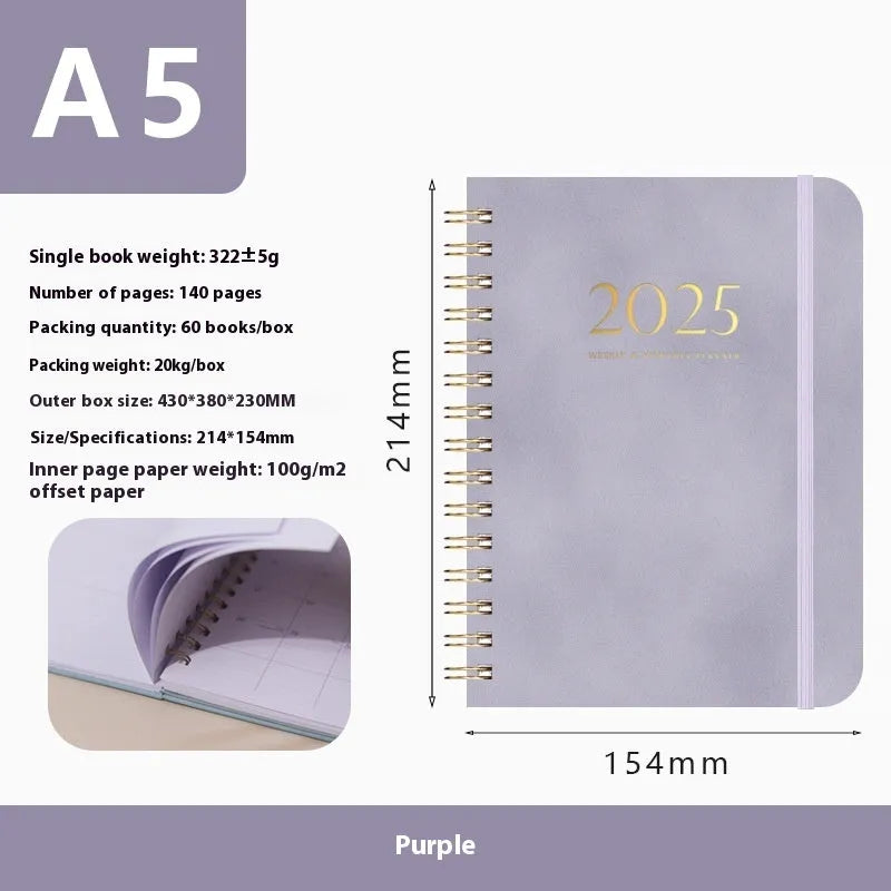 A5 size PU leather notebook with metal coil binding in a choice of colours including black, blue, and brown.