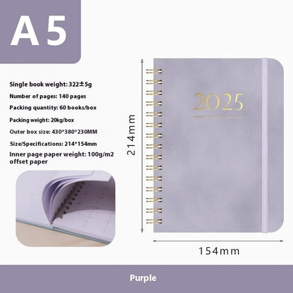 A5 size PU leather notebook with metal coil binding in a choice of colours including black, blue, and brown.