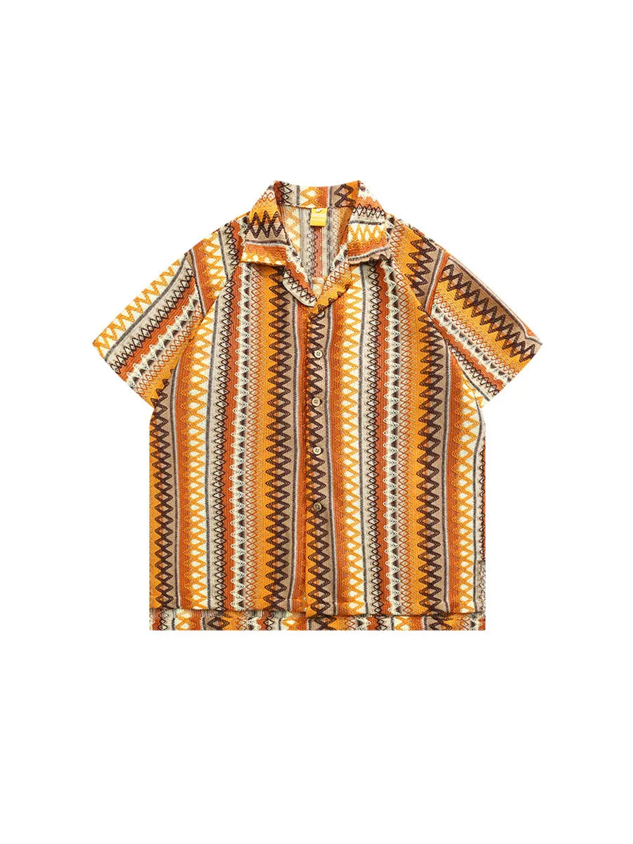 Ethnic style woven Cuban collar shirt with contrast colours, loose fit, and short sleeves.