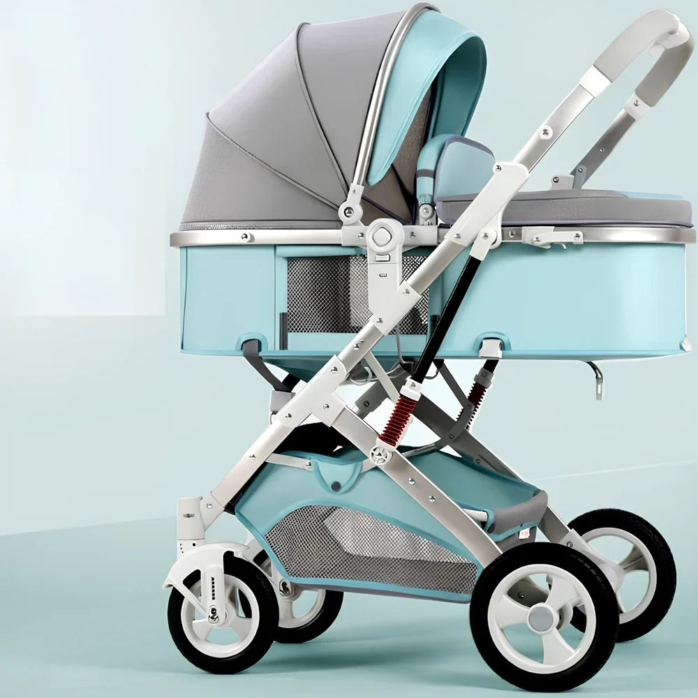 Two-way reversible baby stroller with aluminium frame and rubber wheels in dark blue colour