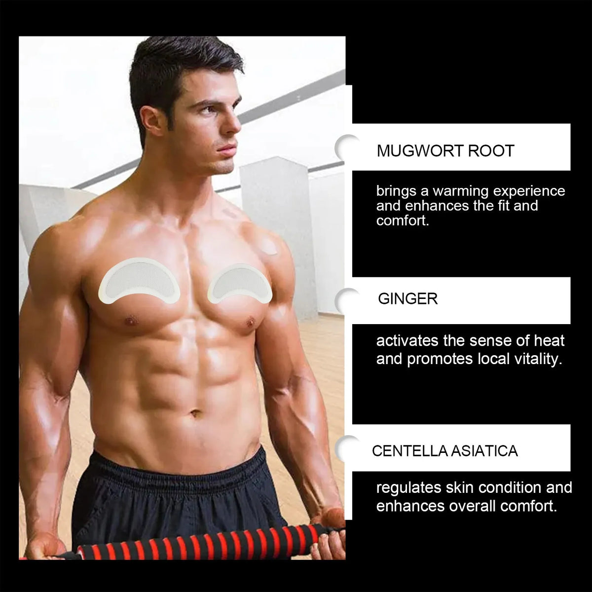 Four men's thin chest figure control patches with natural ingredients including mugwort and ginger