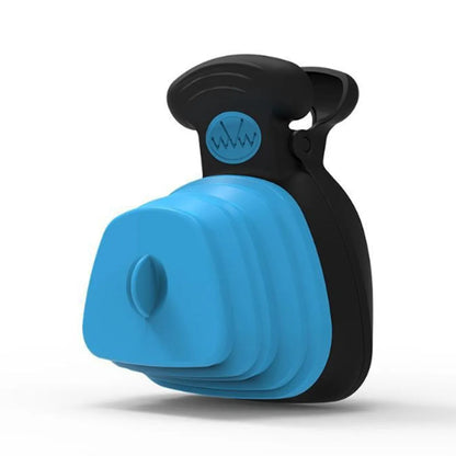 Blue portable dog pooper scooper with clip, unfolded waste container, and integrated bag dispenser.
