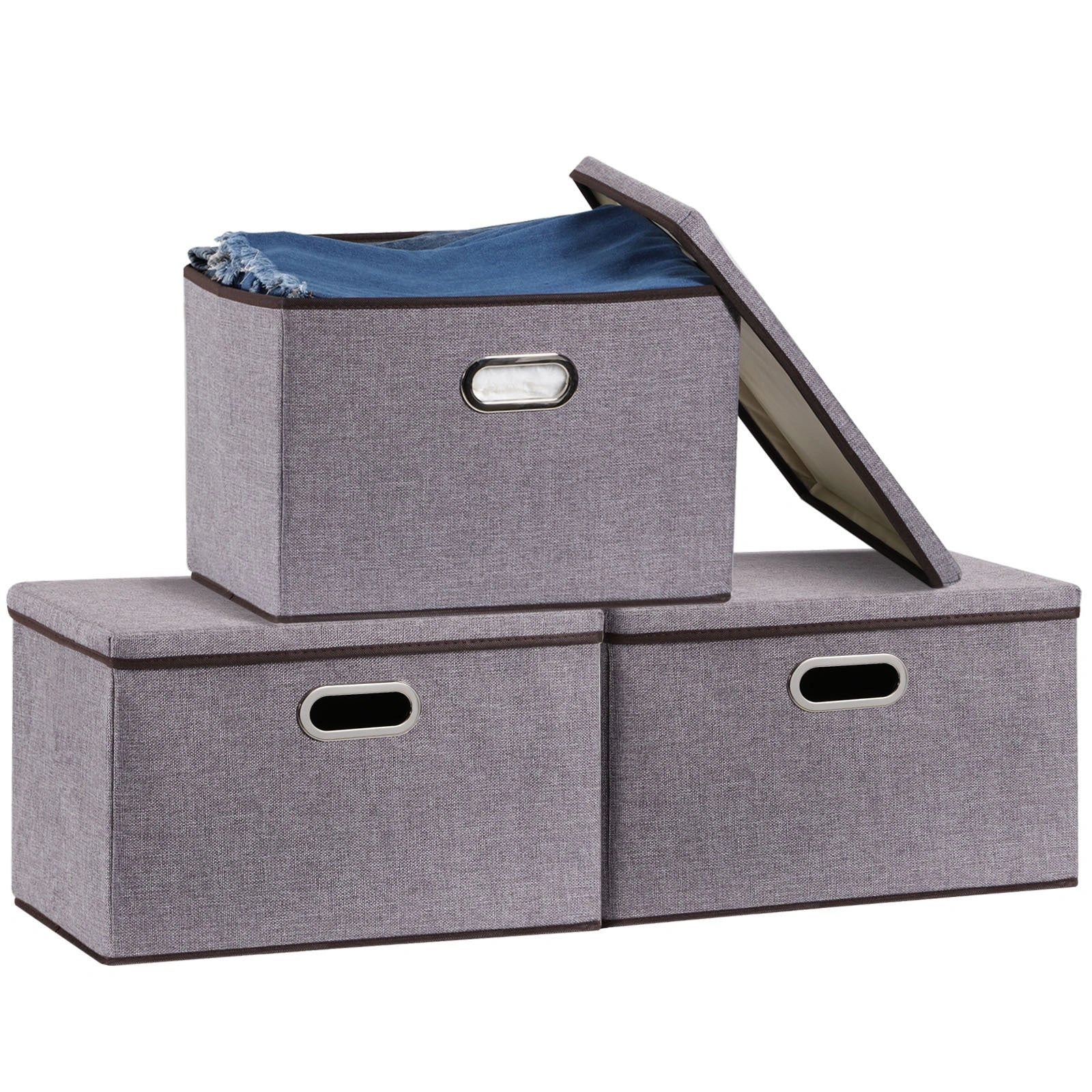 Cotton linen foldable storage box set in grey, perfect for home organization
